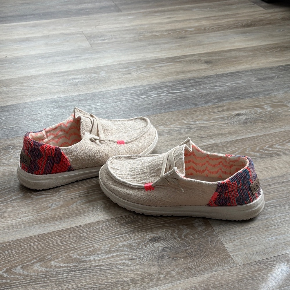 Hey Dude Beige and Coral Slip-On Shoes